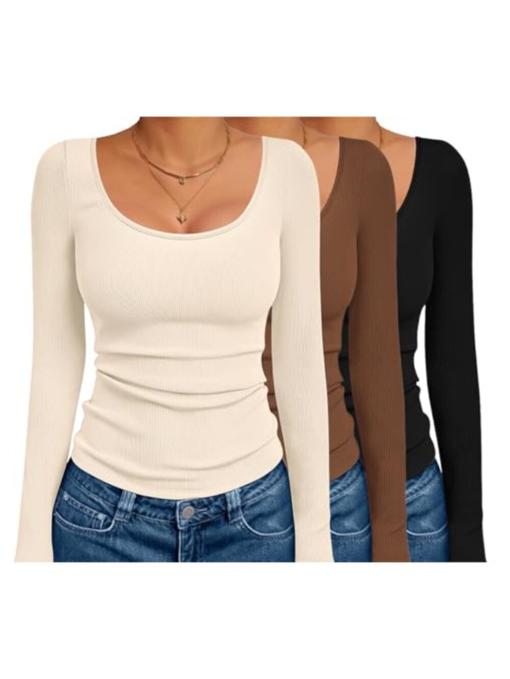 Ribbed Long Sleeve Scoop Neck Thermal Tops Slim Fit 3 Pack